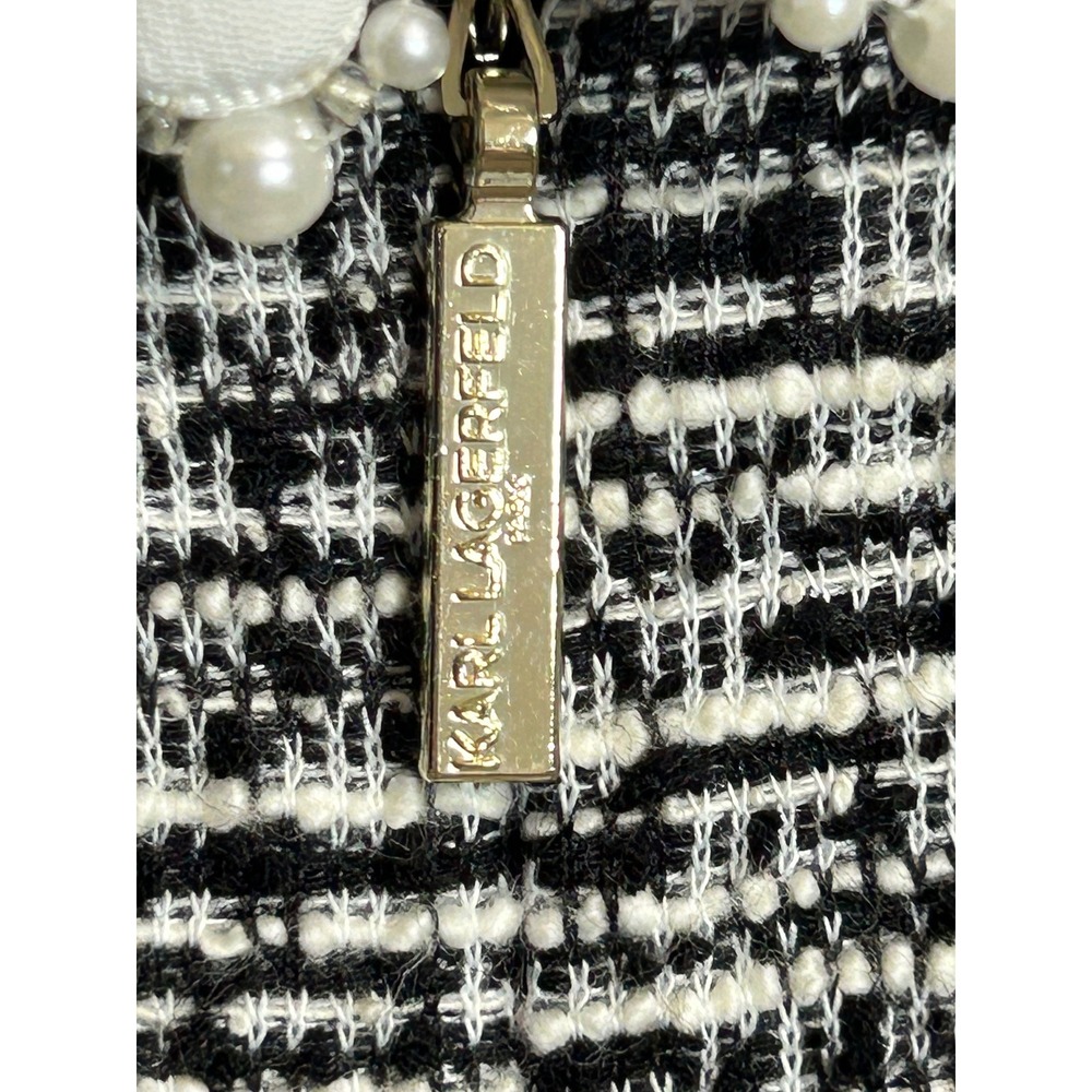 Karl Lagerfeld Paris Tweed Mini Dress Black Whte Faux Pearl Short Puff Sleeve 12 - Picture 13 of 16